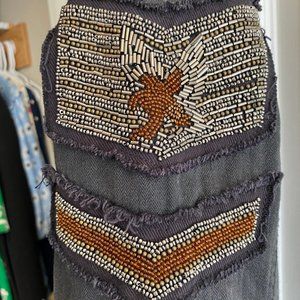 Free People Dark Denim Distressed Shirt w/ Beading